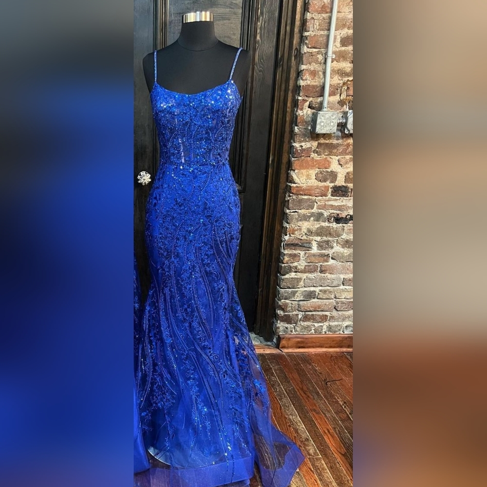 Sheri Hill Blue Fit and Flare Prom Dress